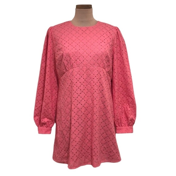MICHAEL Michael Kors Dress Size 12 Pink Eyelet Cotton Puff Sleeve Mini - Picture 1 of 12